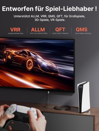 Кабель HDMI 8K JSAUX 5м, HDMI 2.1, Ultra High Speed 48Gbps, 8K@60Hz, 4K@120Hz, eARC, HDR10, HDCP 2.2/2.3, 3D, сумісний з PS5/PS4/X-Box/UHDTV/Blu-ray Player/Монітор, чорний