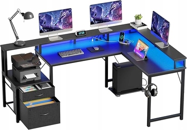 Великий кутовий ігровий стіл у формі L з LED-підсвіткою та полицею, 168x100 см