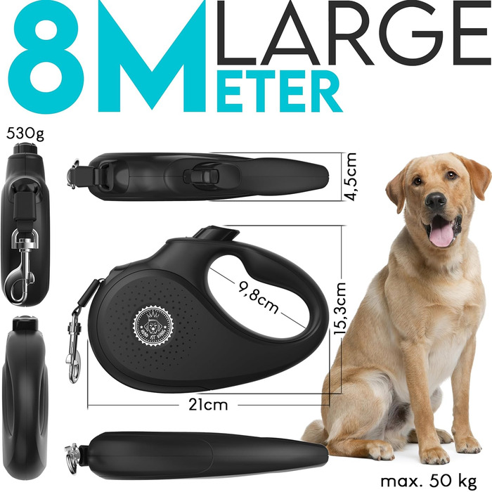 Extendable Dog Leash - 8m Retractable Leash for Small & Large Dogs - 50kg Weight Limit - Black