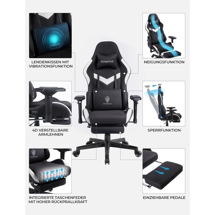 Ігровий крісло Dowinx з тканини - ергономічне крісло для офісу з функцією масажу, підголівником, поперековою подушкою та підставкою для ніг - чорно-біле