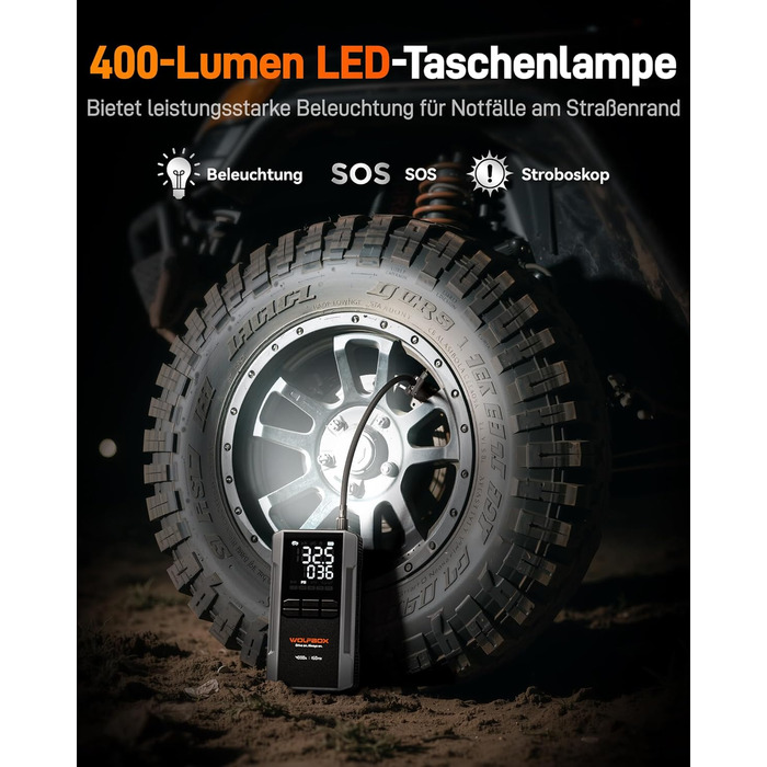 WOLFBOX 4000A: Портативний пусковий пристрій з компресором 160PSI, 12V, 65W, 88.8Wh для бензинових/дизельних двигунів, LED-ліхтар, кабелі для підключення