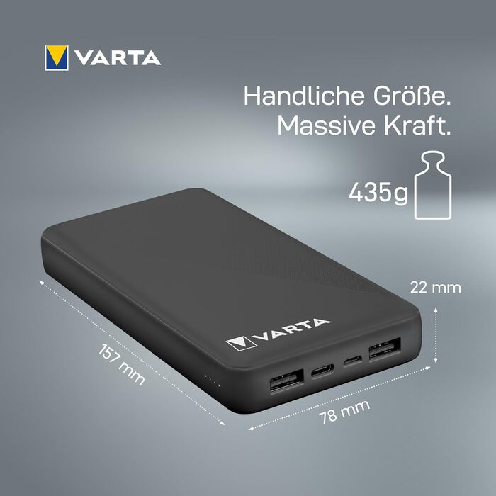 Power Bank VARTA 20000mAh: зарядний пристрій для смартфонів та планшетів з 4 портами (Micro USB, USB A, USB C)