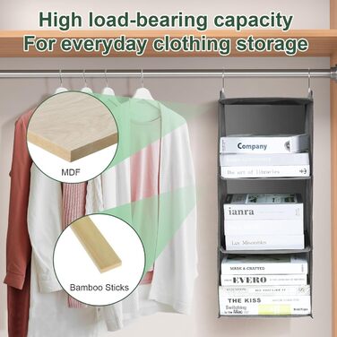 Органайзер для шафи AiQInu з 3 відділеннями, підвісний, бамбуковий, сірий (з гачками)