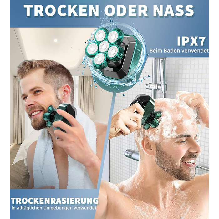 Електричний голкострум для чоловіків Luctry Glatzen Rasierer, 5D голкострум для чоловіків з лисою головою, водонепроникний IPX7, темно-зелений