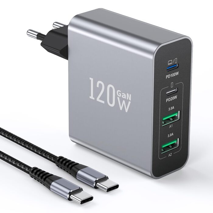 Зарядний пристрій USB C 120W з USB-A, 4 порти, PD3.0, для MacBook Air, iPhone 17/16/15/14 Pro/Pro Max, Samsung та інших смартфонів - Сірий