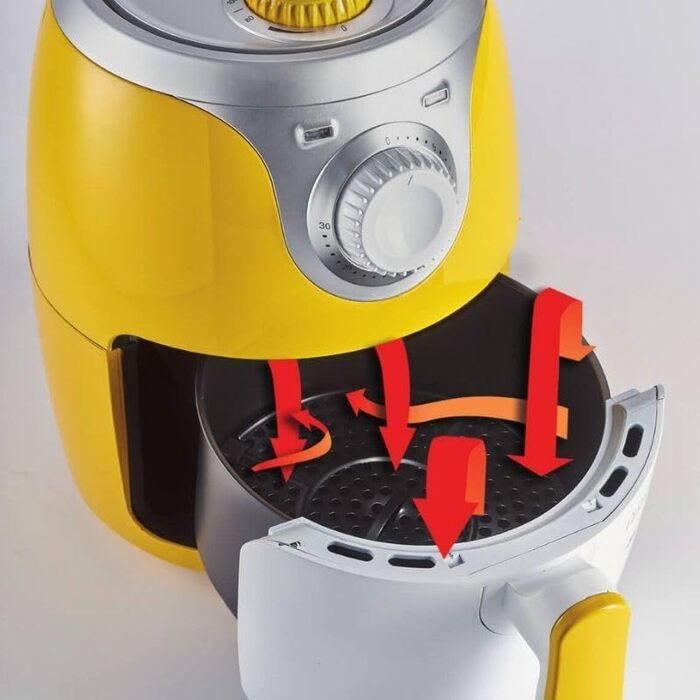 Фритюрниця Ariete 4615 Airy Fryer Mini 2 л, 1000 Вт, жовта, з антипригарним покриттям, температура до 200°C, знімна чаша, книга рецептів німецькою