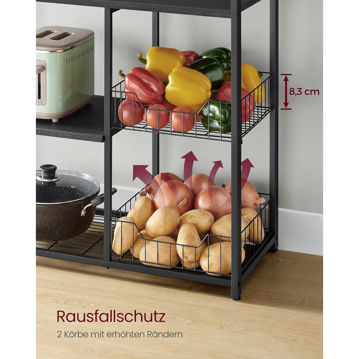 Стелаж кухонний VASAGLE з 2 металевими кошиками, з гачками та полицями, для мікрохвильової печі, 35 x 80 x 93,5 см, золотий дуб + білий (KKS096W09)