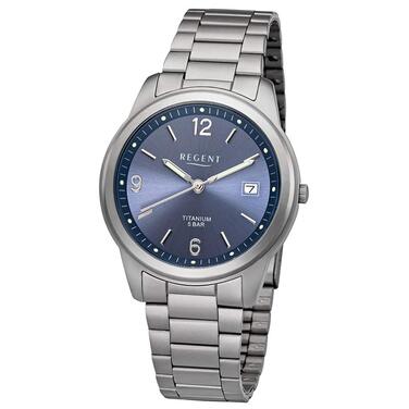 Годинник Regent для чоловіків з титановим браслетом та корпусом, діаметр 36 мм, кварц, арабські цифри, дата (блакитний)