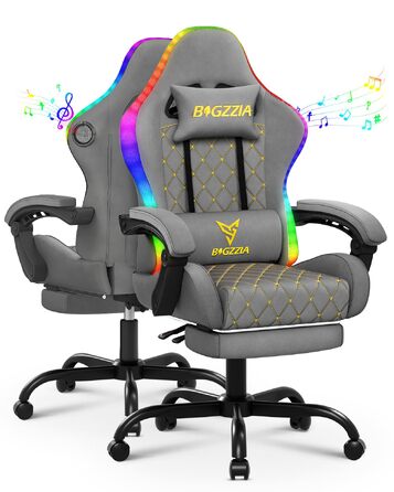 Ігрове крісло Racingreat RGB LED з підсвіткою, підніжкою та Bluetooth, сіро-чорне