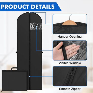 Чохли для одягу 2 шт. 180x60 см, дихаючі, з ручками, для вечірніх та весільних суконь, захист від пилу, складні