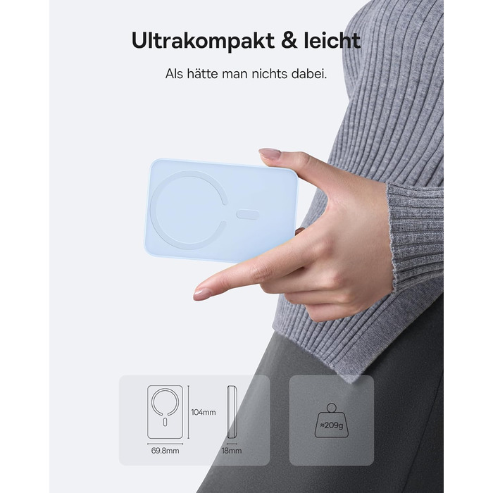 Power Bank Baseus 10000mAh з бездротовою зарядкою 15W, MagSafe, PD 22.5W, USB-C, білий (блакитний)