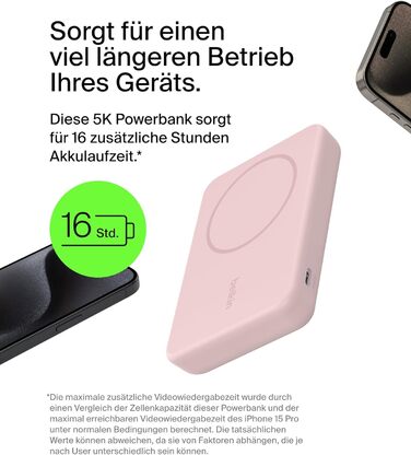 Powerbank Belkin BoostCharge Pro 10000mAh з Qi2 та MagSafe, рожевий, з інтегрованим підставкою, для iPhone 17, Air, 16, 15, 14, Pixel та інших