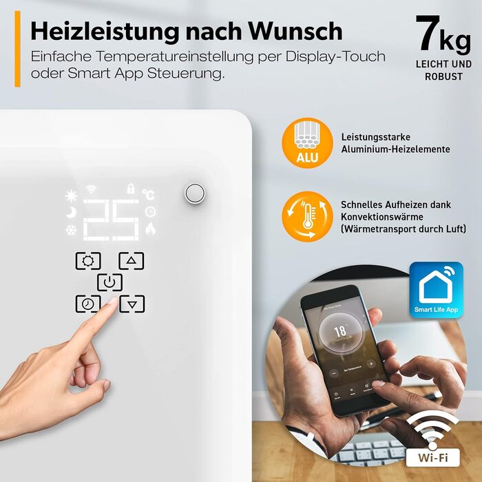 Конвектор TRESKO® з Wi-Fi, склокерамічний, 2000 Вт | Електричний нагрівач з LED-дисплеєм та таймером | Настінний/підлоговий, білий
