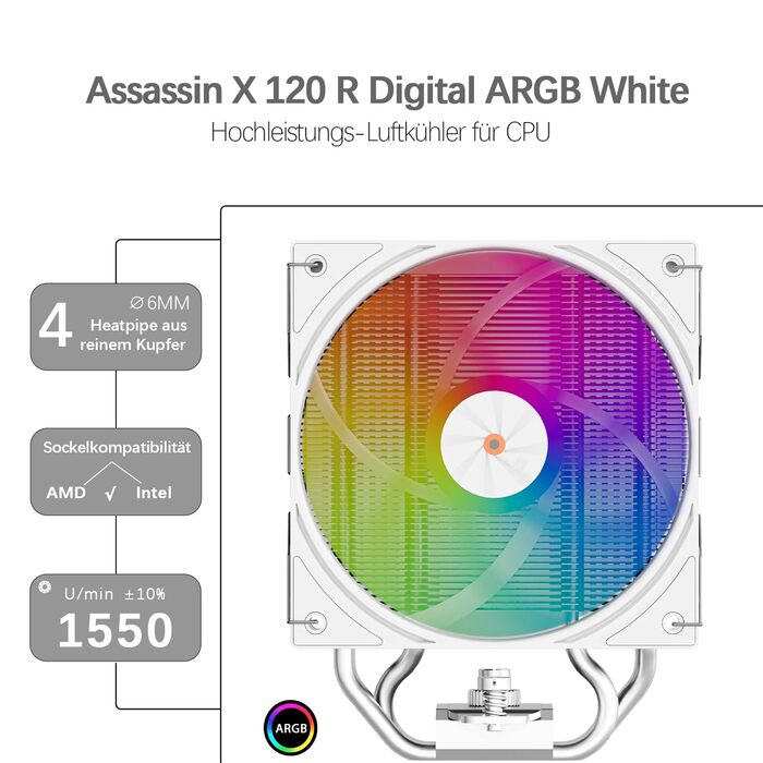 Thermalright Assassin X 120 Digital ARGB: Кулер для CPU з цифровим дисплеєм, білий, для AM5/AM4, Intel lga1851/1700