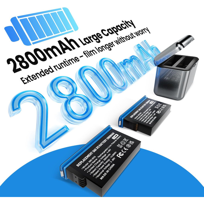 Комплект акумуляторів для Insta360 X5: 2 шт. по 2800mAh та швидкий зарядний пристрій 36W