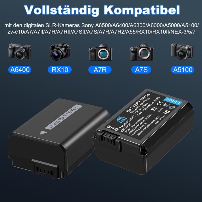 Набір акумуляторів NP-FW50 1300mAh та зарядний пристрій LCD для камер Sony ZV-E10, A6000, A6300, A6400, A6500, A5100, A5000, A7, A7II, A7R, A7RII, A7SII, 7RM2, 7SM2, 7M2, A55, RX10 II III IV, NEX-3/5/6/7, NEX-F3 (2 шт. акумулятори & 1 зарядний пристрі