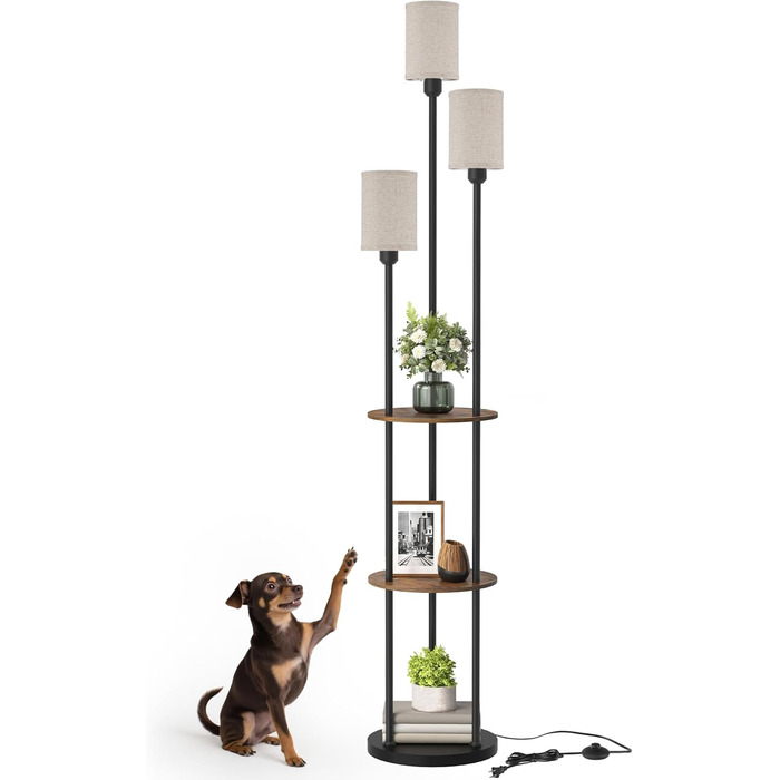 Стельова лампа для вітальні з поличкою, 3-хламкова, вінтажний стиль, бохо, з дерева, з вимикачем на ніжці, E27, ретро, коричнево-бежева ZEF53LDD05