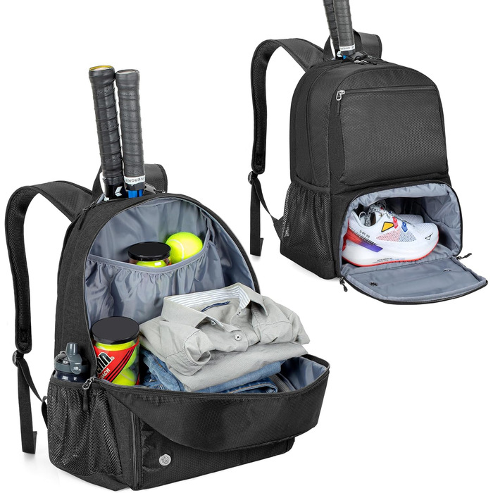 Рюкзак для тенісу DSLEAF з відділенням для взуття, сумка для 2 ракет, з підкладкою на плечах, чорний (для жінок та чоловіків)