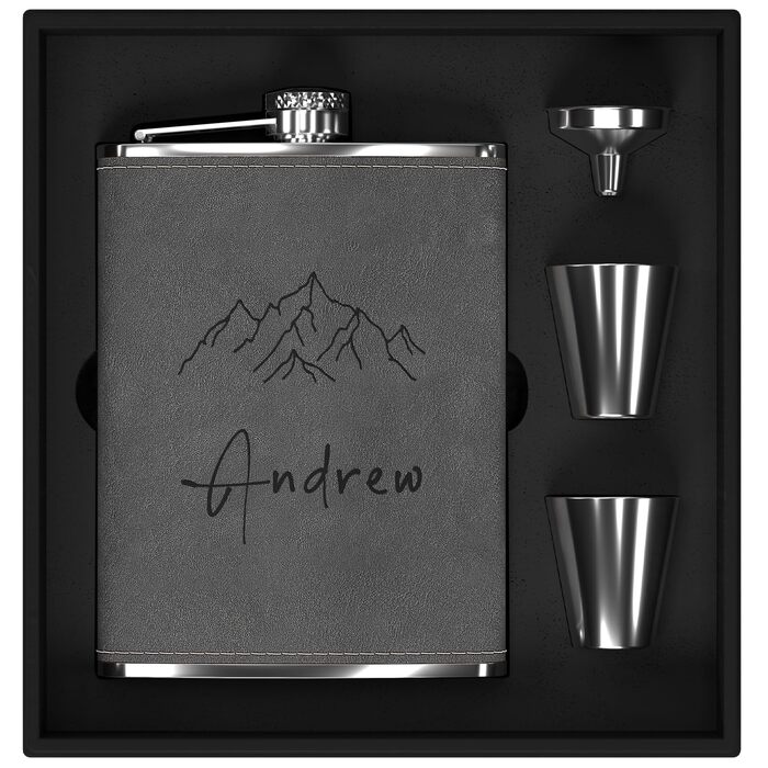 Набір фляга з гравіюванням гір, фляга з нержавіючої сталі 237мл/8oz, персоналізований подарунок на день народження для чоловіків, кемперів, туристів (сірий)