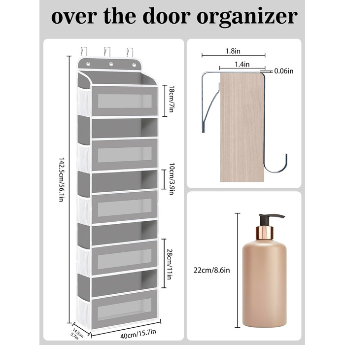 Органайзер для дверей з 5 відділеннями, настінна полиця з прозорими віконцями для підгузників, іграшок, кемпінгу, ванної кімнати, спальні (1 шт, світло-сірий)