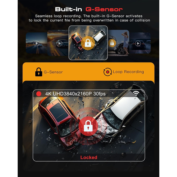 Відеореєстратор Jzones з GPS, WiFi, 4K+1080P, потрійна камера (передня, задня, внутрішня), 64GB SD, G-сенсор, нічне бачення, паркувальний режим, керування через додаток