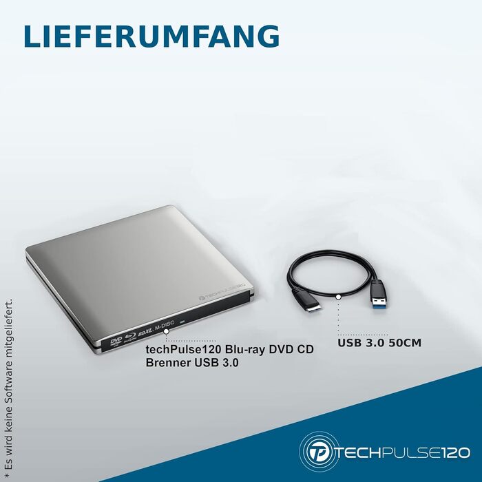 Зовнішній Blu-ray привід techPulse120 USB 3.0 3D Slim: запис та читання BDXL, M-Disc, DVD, CD для ноутбука, MacBook, Windows, MacOS, сріблястий