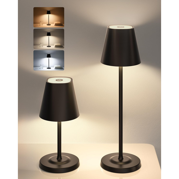 Світлодіодна настільна лампа 3-в-1 бездротова з акумулятором 5500mAh, регульована висота, димування, 3 кольори світла - USB акумуляторна настільна лампа металева водонепроникна сенсорна для дому та вулиці, чорна (набір 2 шт.)