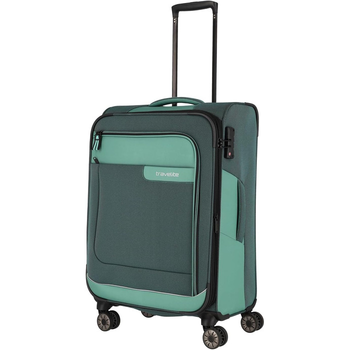 Travelite 4-Wheel Luggage Size L, Softshell made from recycled material, Luggage Series VIIA: Trolley with expandable gusset + edge protection, 77 cm, 91-103 liters (Trolley M extended (67 cm), Eucalyptus (Green))