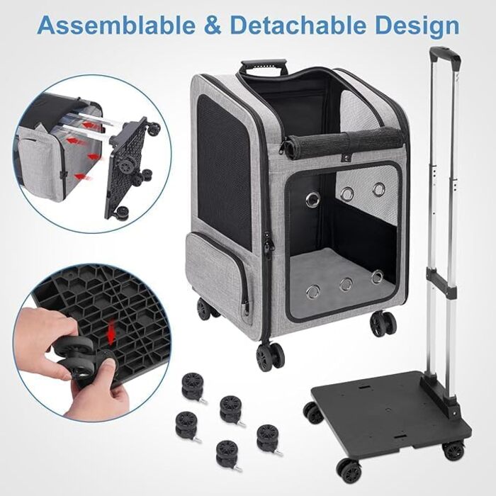 Транспортна переноска для собак та котів великого розміру з колесами, сірого кольору. Рюкзак-переноска для собак до 15 кг з прозорим вікном.
