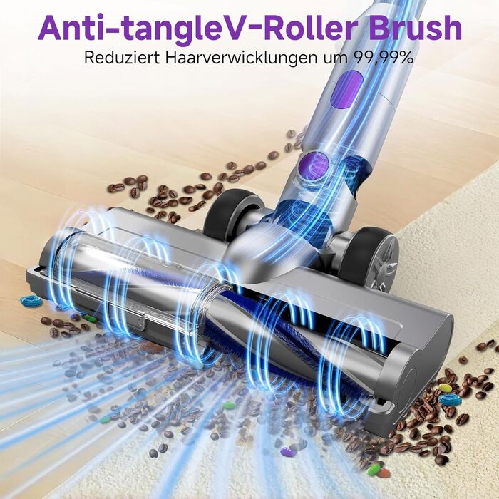 Бездротовий акумуляторний пилосос 35KPA/45Mins з LED-підсвічуванням, HEPA-фільтром та насадкою для підлоги, для тварин, килимів та твердих поверхонь, фіолетовий