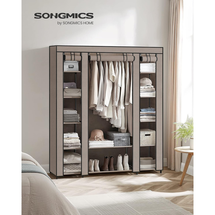 SONGMICS Wardrobe, Fabric Closet, with Clothes Rail and Shelves, Fabric Cover, for Bedroom, Dressing Room, 150 x 45 x 175 cm, LSF03H (Taupe)