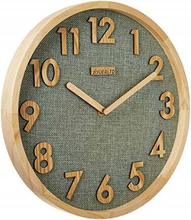 JIYUERLTD 30cm Wall Clock Silent Kitchen Clock Non-Ticking Quartz Wall Clocks Wooden Numbers 3D Display, Wooden Frame with Linen Face Clock for Home Office Classroom School. (Green)