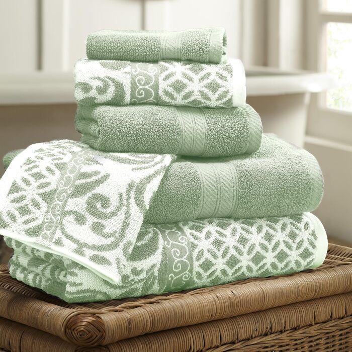 Modern Threads Trefoil Filigree 6-Piece Reversible Towel Set, Dyed, Jacquard, Bath Towels, Hand Towels, and Washcloths, Super Absorbent and Quick-Drying, 100% Combed Cotton Gray-Green Standard