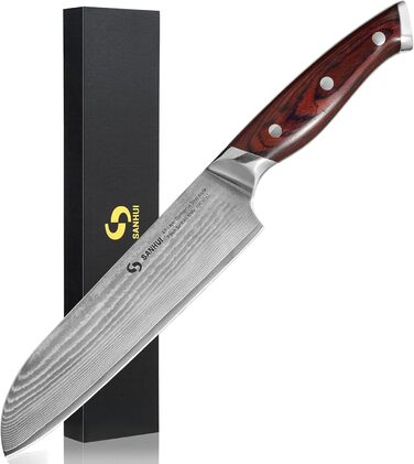 Кухонний ніж Damast Profi - ніж Santoku з дамаської сталі (67 шарів), ручка Pakkawood, подарункова коробка - професійний ніж для кухні 7 дюймів