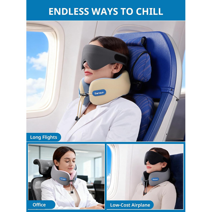 Подушка для шиї в літак Travel Pillow для авіаперельотів, подушка для шиї з ременем та 3D-маскою для сну, Memory Foam для тривалих подорожей літаком та автомобілем (сіро-рожевий)