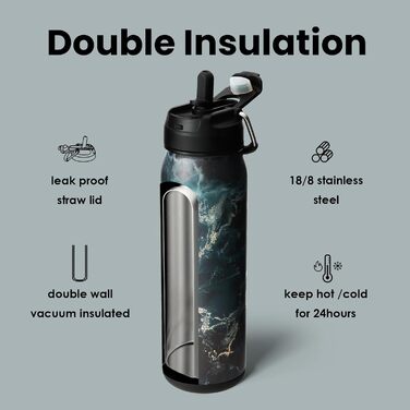 BOTTLE BOTTLE Stainless Steel Water Bottle 24oz (709ml) with Straw Handle and Pill Compartment for Outdoor School, Insulated Sports Bottle (Meteorite)