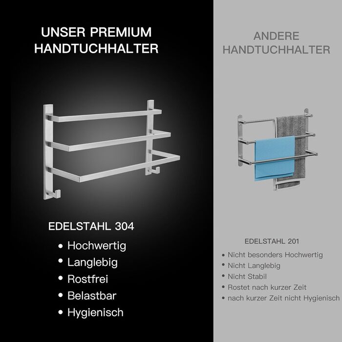 Тримач для рушників без свердління для ванної кімнати | Без бактерій | Прихований кріплення | Тримач для рушників з гачками - нержавіюча сталь SUS 304, антикорозійна, полірована