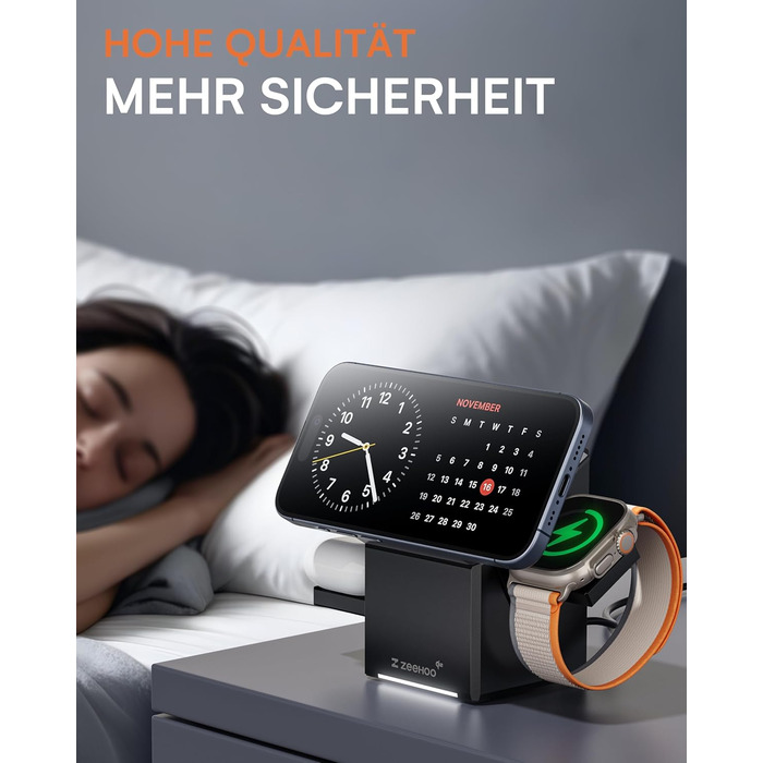 ZEEHOO Зарядна станція 3 в 1 для Apple MagSafe, iPhone 16/15/14/13/12, Apple Watch та AirPods (30W USB-C), Чорний