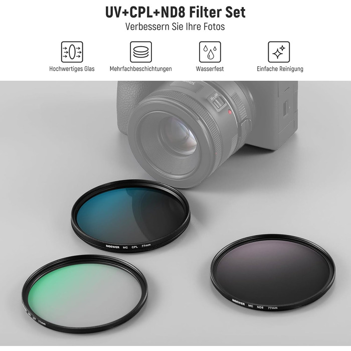 Набір фільтрів для об'єктива NEEWER UV/CPL/ND: UV-фільтр, поляризаційний фільтр, ND8 сірий фільтр (77mm)