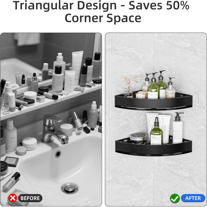 Поличка для душу без свердління, кутова, з нержавіючої сталі, з алюмінію, чорна - 2 шт.