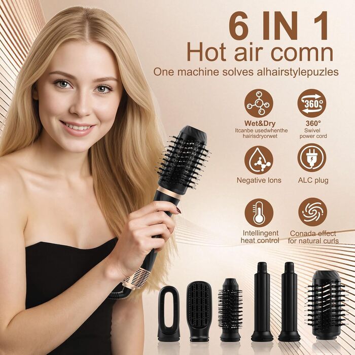 Набір для укладки волосся 6 в 1: локони, об'єм, випрямлення, сушка, чорний