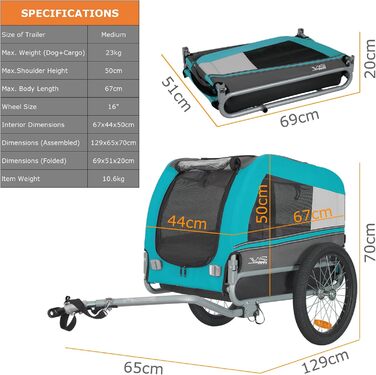 Фаркоп для собак Tiggo VS Pets M: велосипедний причіп для собак, блакитний