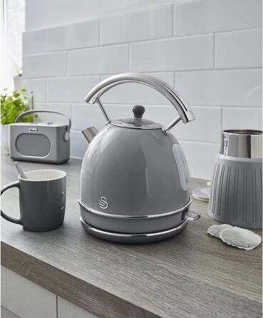 Swan Retro Electric Kettle - 1.8L, Vintage Design, Automatic Shut-Off, Cordless, BPA-Free Stainless Steel, 3000W, Grey