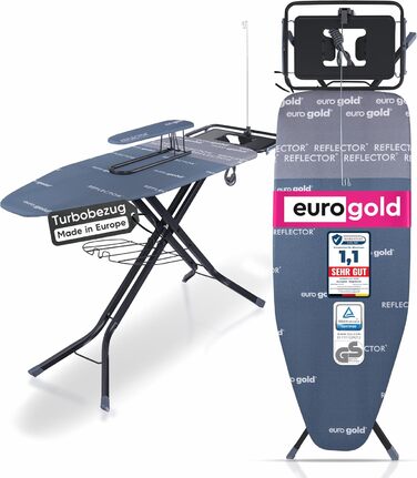 Прасувальна дошка EUROGOLD® XXL 130x48 см з турбочохлом та дощечкою для рукавів - для парогенераторів (Виготовлено в Європі) - з розеткою - стабільна та регульована по висоті, блакитна