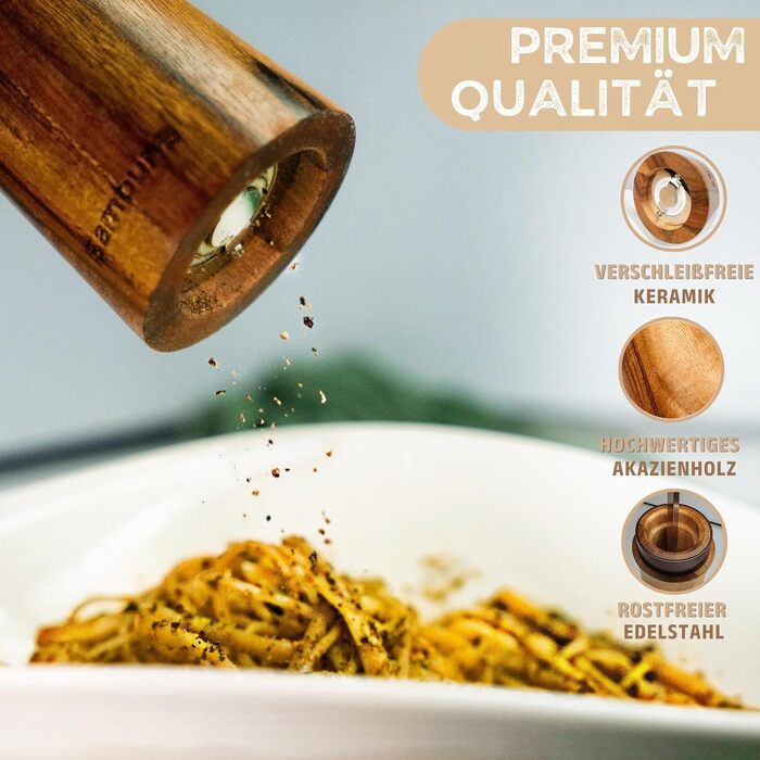 Набір для перцю та солі BAMBUNA з акацієвого дерева - 5 шт. з регульованою керамічною жорна - ручна млинка з підставкою та ложкою - Made in Germany