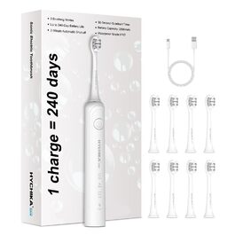 Електрична зубна щітка для дорослих з акумулятором 240 днів, 8 насадок, 3 режими, таймер 2 хв, IPX7 водонепроникна, біла