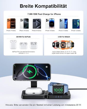Бездротова зарядна станція 3 в 1 ADADPU MagSafe для iPhone 17/16/15/14/13/12, чорна