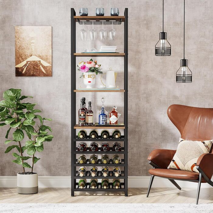Tribesigns 20 Bottle Wine Baker's Rack, Freestanding Wine Rack, 9 Tiers, Industrial Freestanding Wine Rack Wine Bar with Glass Holder, Bottle Shelf for Bar, Kitchen, Dining Room, Rustic Brown