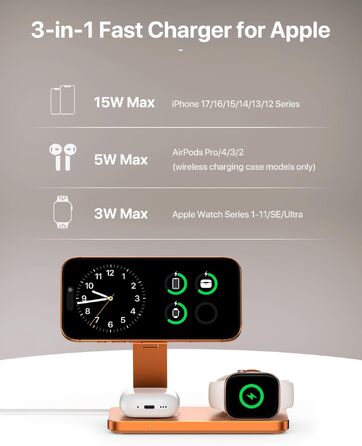 Бездротова зарядна станція 3 в 1 для Apple iPhone 17/16/15/14/13/12, Apple Watch Ultra/11/10/SE та AirPods 4/3/2, сумісна з MagSafe, складана, помаранчева