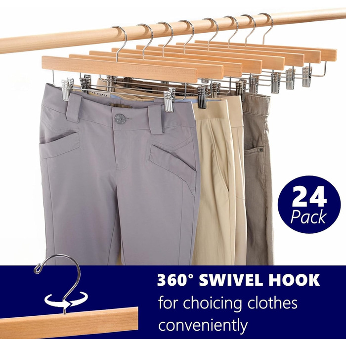 24 дерев'яних вішалки для штанів з кліпсами Amber Home - вішалки для штанів, джинсів, шортів (натуральне дерево)